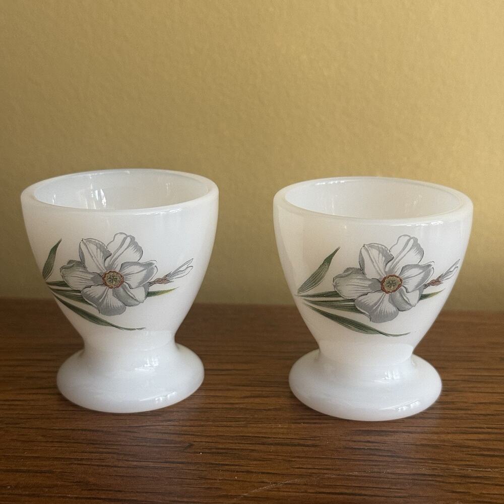 Vintage French Milk Glass Egg Cups Set of 2 White Floral Pattern Narcisse France